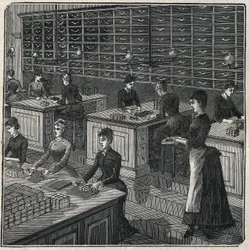Herstellung von Metallfedern: Sortieren und Verpacken von Federn in einer Fabrik in Frankreich im 19. Jahrhundert. Gravur von 1885 in „Les arts et métiers illustrés“ von Adolphe Bitard.