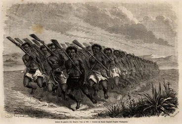 Maori-Kriegstanz. Zeichnung von Emile Bayard zur Illustration von Ferdinand de Hochstetter