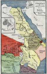 Karte der von Franzosen und Engländern entlang des Nils kolonisierten afrikanischen Gebiete. Illustration in „Le Pelerin“ vom 2. Oktober