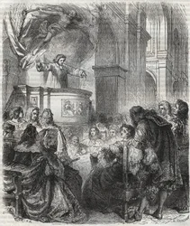 Marie de Rabutin-Chantal, Marquise de Sévigné, bekannt als Madame de Sévigné (1626-1696), hört Louis Bourdaloue (1632-1704) in der Kirche der Jesuiten, Saint-Louis in Paris - Gravur von 1866