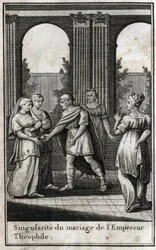 Heirat des byzantinischen Kaisers Theophilos (813-842): Nachdem er die schönsten Frauen des Reiches versammelt hatte, um eine Frau zu finden, wählte er Theodora und bot ihr einen goldenen Apfel an. Gravur in „Beaute de l