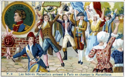Marseiller Föderierte kommen in Paris an und singen die Marseillaise - Chromolithographie, spätes 19. Jahrhundert