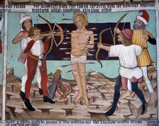 Martyrium des heiligen Sebastian, Leben des heiligen Sebastian (15. Jahrhundert), Fresken, Kapelle des heiligen Sebastian, Villard-de-Lans, Rhone-Alpes, Frankreich