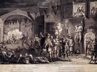 Massaker an der Saint Barthelemy in Paris in der Nacht vom 24. August 1572. Gravur des 16. Jahrhunderts