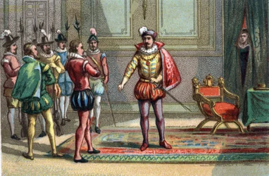 Massaker von Saint Barthelemy, der Herzog von Conde und Heinrich von Navarra wurden zu Karl IX., König von Frankreich (1550-1574), gebracht, der ihnen die Wahl zwischen Messe und Tod anbot. Catherine de Medicis (Caterina de Medici) (1519-1589) beobachtet d