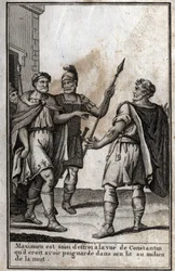Maximian Hercules (Marcus Aurelius Valerius Maximianus) (ca. 250-310), römischer Kaiser, wird von Angst ergriffen beim Anblick von Konstantin (Konstantin I., Flavius Valerius Aurelius Constantinus, 272-306), seinem Schwiegersohn, den er glaubt, in seinem B