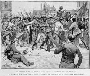 1. Mai (1891) in Fourmies - Zusammenstoß zwischen Streikenden und der Truppe - in „Le Monde Illustré“