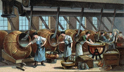 Mechanische Herstellung von Dragees. Chromolithografie aus dem späten 19. Jahrhundert