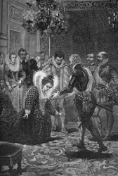 Treffen von Maria de Medici und Heinrich IV. (1601): Maria de Medici (1573-1642) verneigt sich vor ihrem Ehemann, König von Frankreich Heinrich IV. (1553-1610). Gravur des 19. Jahrhunderts. In „Histoire de France“ von Jules Michelet