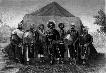 Menelik II. (1844-1913), König von Äthiopien, umgeben von seinen Heerführern. Gravur im Journal „La jeunesse“