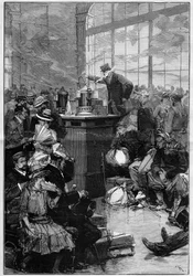 Maßnahmen gegen die Cholera-Epidemie in Toulon: der Desinfektionsraum des Bahnhofs Lyon, Paris. Gravur in „Le Monde Illustré“