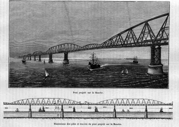 Projekt einer Metallbrücke über den Ärmelkanal: Oben die fertige Brücke; unten die Abmessungen der Pfeiler und Traversen der geplanten Brücke. Gravur in „Le Journal de la jeunesse“