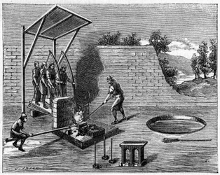 Metallurgie im 18. Jahrhundert: Abnehmbares Zuhause für wandernde Schmiede. Gravur in „La Nature: revue des sciences et de leurs applications aux arts et a l