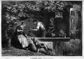 Beruf und Handwerker: Ein Messerschmied in der Auvergne. Gravur in „Le Monde illustré“ 1883. Private Sammlung.