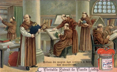 Mittelalterlicher Mönch beim Schreiben von Manuskripten. Chromolithografie, Liebig-Bild