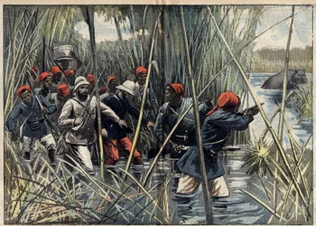 Mission Marchand (1896-1899) nach Fachoda (Sudan): der französische Hauptmann Baratier (1864-1917) und seine Truppen marschieren durch das Moor nach Fachoda. (Nach dem Logbuch von Hauptmann Baratier). Illustration in „Le Pelerin“ vom 6. November