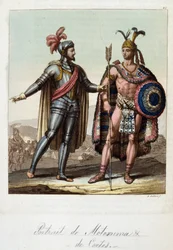 Montezuma II., Aztekenkönig, und Hernan (oder Hernando) Cortes oder Fernand Cortez (1485-1547), spanischer Konquistador - in „Das alte und moderne Kostüm“ von Ferrario, ed. Mailand