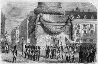 Morgen des Nationalfestes am 15. August 1864 am Fuße der Säule des Place Vendôme in Paris. Gravur in „Das Illustrierte Universum“.
