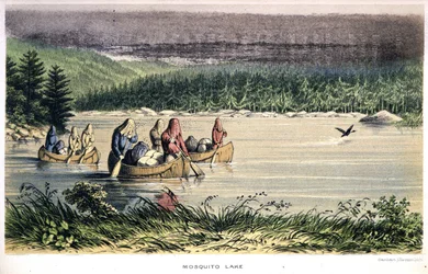 Mosquito Lake in Kanada: Indianer überqueren den See mit Moskitonetzen auf dem Kopf - in „Exploration of the Labrador Peninsula“ von Hind, London