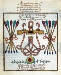 Motto der katholischen Könige. Emblem der katholischen Könige. Miniatur in „Devocionario de la Reyna Da Juana a Quien Llamaron la Loca“ von Pedro Marcuello