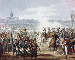 Napoleon Bonaparte (1769-1821) inspiziert die lombardische und cispadanische Legion der Miliz am 09.07.1797. Aquarellgravur. Mailand, Museo del Risorgimento