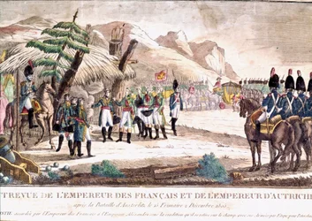 Napoleonischer Krieg: Napoleon I. trifft Kaiser Franz II. nach der Schlacht von Austerlitz am 2.12.1805. Gravur des 19. Jahrhunderts.