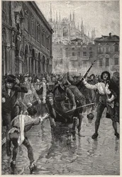 Napoleons Abdankung löst Unruhen in Mailand aus, und Giuseppe Prina, der unbeliebte Finanzminister, wird durch die Straßen geschleift und schließlich von der Menge auf der Piazza San Fedele in Mailand am 20. April getötet