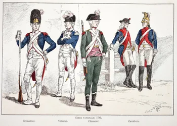 Nationalgarde, 1789, von links nach rechts: der Grenadier, der Veteran, der Jäger und die Reiter. Farbradierung zur Illustration des Buches 