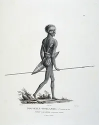 Einheimischer Nord-Gal-Derri von New South Wales von New Holland geht zum Kampf über - in „Reise der Entdeckungen zu den südlichen Ländern“ von Messrs. Lesueur und Peer