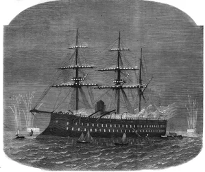 Flottenbeleuchtung im Hafen von Spithead während der Reise des ägyptischen Sultans Ismail Pascha (1830-1895) nach England. Stich in „L