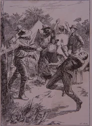 Ned Kelly tötet Polizeibeamten Lonigan am Stringybark Creek im Jahr 1878 (Stich)