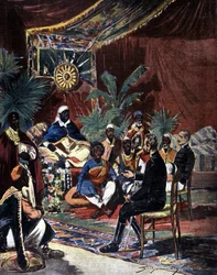 Friedensverhandlungen mit Äthiopien nach der italienischen Niederlage in Adoua 1896. Major Salsa und Hauptmann Angherà trafen sich mit König Menelik II. (1844 - 1913) und seinen Häuptlingen. Illustration der späten Presse des 19. Jahrhunderts von Silhouett