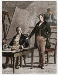 Niepce liest Louis Daguerre die Beschreibung der Heliografie vor, zur Fixierung von Bildern aus der Camera Obscura - Nicephore Niepce (1765-1833), französischer Erfinder, Pionier der Fotografie, liest Daguerre die Beschreibung seiner Methode zur Fixierung 
