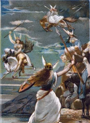 Nordische Mythologie: Die Walküren (Kriegerjungfrauen) in Valholl (oder Walhalla, Valhalla, Valhalle: Ort, an dem tapfere Krieger gebracht werden) und der Fall der Krieger in der Schlacht. Chromolithographie des 19. Jahrhunderts