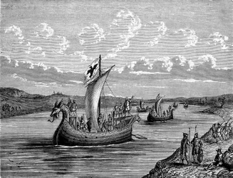 Normannische Schiffe auf einem Fluss - Gravur