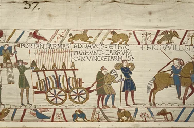 Normannen ziehen einen Wagen mit Wein und Waffen, Teppich von Bayeux (Wollstickerei auf Leinen)