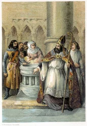 Notger (930-1008), Bischof von Lüttich, während der Taufe von Otto III. (980-1002), König von Deutschland. Chromolithographie aus dem 19. Jahrhundert.