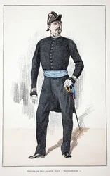 Friedensoffizier, Großes Zweites Kaiserreich (1852-1870). Farbradierung zur Illustration „Histoire du corps des gardiens de la paix“, Buch veröffentlicht unter der Schirmherrschaft von Louis Lepine (1846-1933), Polizeipräfekt der Seine, von Alfred Rey (186