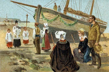 Alte Tradition in der Bretagne: Taufe eines Fischerbootes. Chromolithographie aus dem späten 19. Jahrhundert.