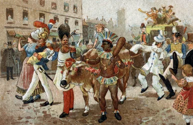Alte Tradition in der Region Île-de-France: Die Prozession des fetten Ochsen im Jahr 1830. Chromolithographie aus dem späten 19. Jahrhundert.
