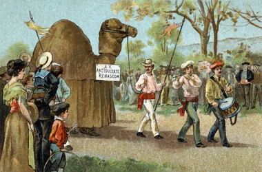 Alte Tradition im Languedoc: Der Kamelmarsch am Tag der Heiligen Aphrodite. Chromolithographie aus dem späten 19. Jahrhundert.