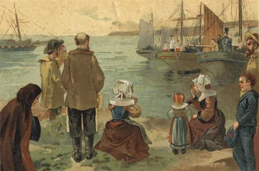Altes Brauchtum in der Bretagne: Die Segnung der Terre Neuvas. Chromolithographie aus dem späten 19. Jahrhundert