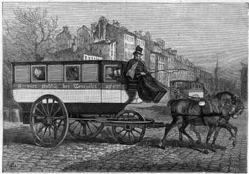 Omnibus mit drei Rädern oder Dreirad auf den Straßen von Paris. Gravur in „La Nature. Revue des sciences et de ses applications aux arts et a l