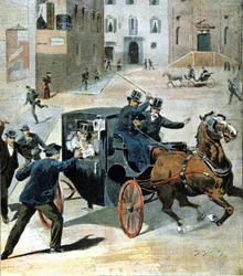 Am 16. Juni 1894 feuerte der Anarchist Paolo Lega in Rom eine Pistole auf Francesco Crispi, Präsident des italienischen Rates. Illustration der Zeit.