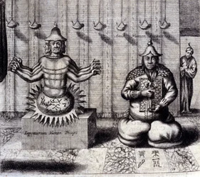 Links, hinduistische Gottheit mit acht Armen, rechts Amida, japanischer Buddha. „De China Monumenta“ von Athanasius Kircher (1601 - 1680), Jesuit, Orientalist und deutscher Gelehrter, Amsterdam 1667.