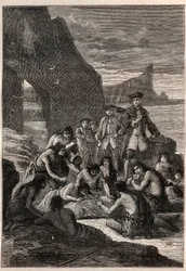 Einer von ihnen zerlegte mit den Zähnen: Vizeadmiral John Byron (1723-1786) auf einer der Inseln der Magellanstraße - die Feuerländer zerlegen mit ihren Zähnen einen Wal, der am Strand zerrissen und versteinert war - Illustration