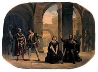 Opernbühne "I vespri siciliani" (Die sizilianische Vesper) komponiert von Giuseppe Verdi. Chromolithographie aus dem späten 19. Jahrhundert