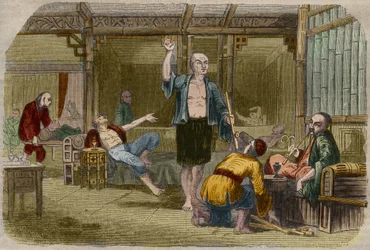 Opiumraucher in China Mitte des 19. Jahrhunderts. Gravur von 1857 in „Le Musee Des Sciences“