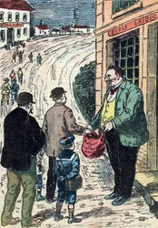 Gegensatz zwischen weltlicher Schule und Privatschule in Frankreich. Karikatur aus „Le pèlerin“ 24/03/1912