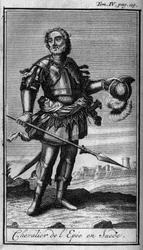 Ritterorden. Ritter des Schwertes in Schweden im 16. Jahrhundert. In "Geschichte der militärischen Orden oder Ritter, der sicheren und routinemäßigen Milizen beider Geschlechter, die bisher gegründet wurden. Ausgabe von Abbe Giustiniani, R.P. Bonani, M. He